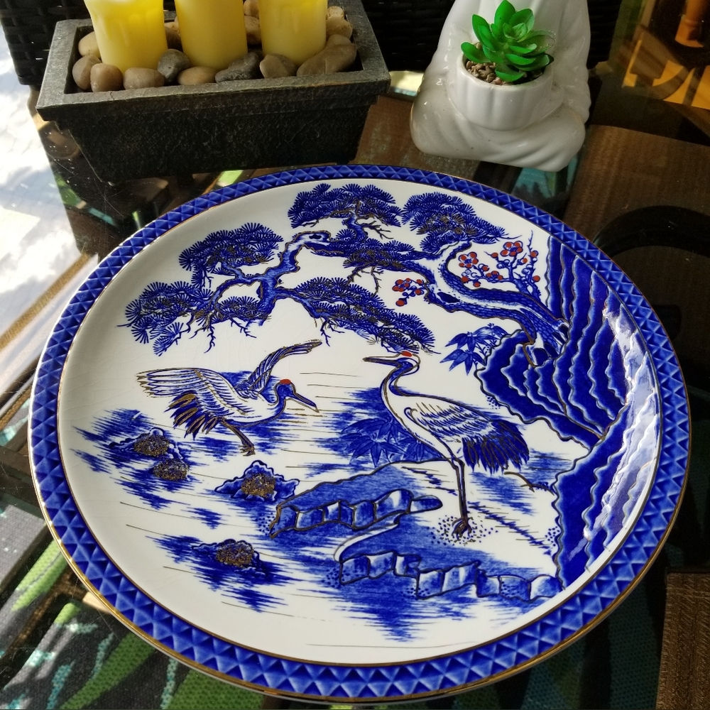 Rare Japanese Blue and White Porcelain Charger Plate With Gold and Red Tones